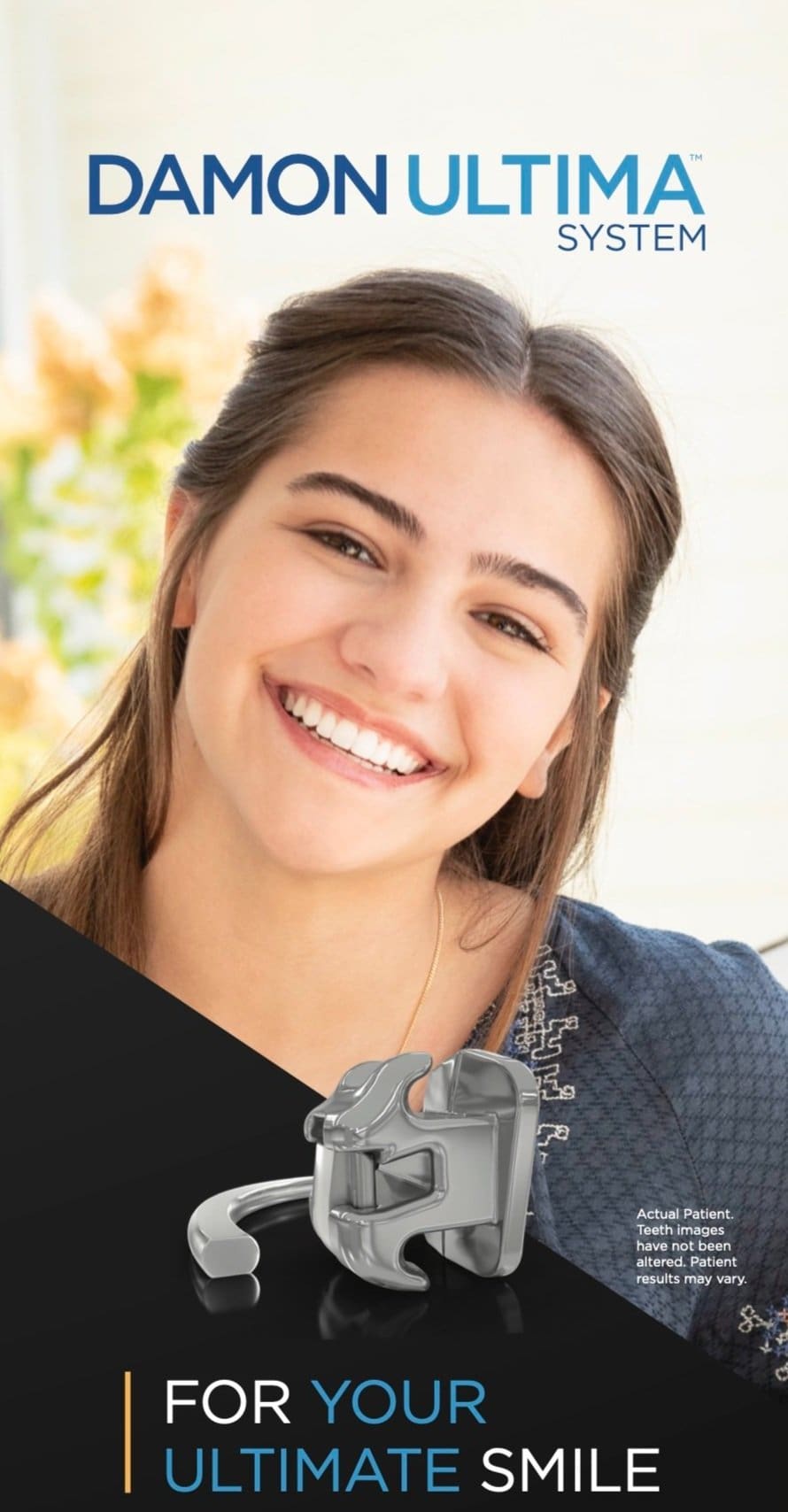 A smiling young woman showcases the Damon Ultima System braces. This advanced orthodontic treatment may be available in Henderson, NV.